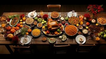 A wide-angle shot of a table laden with a variety of Thanksgiving dishes, showcasing the abundance and diversity of the meal with space for text on one side. AI generated. photo