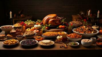 A wide-angle shot of a table laden with a variety of Thanksgiving dishes, showcasing the abundance and diversity of the meal with space for text on one side. AI generated. photo
