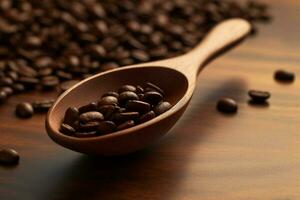 a wooden spoon scoops coffee beans into a wooden photo