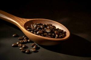 a wooden spoon scoops coffee beans into a wooden photo