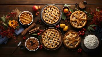 Top view of a composition featuring a variety of homemade pies and dishes on a Thanksgiving table with space for text, evoking the flavors and traditions of the holiday, AI generated. photo