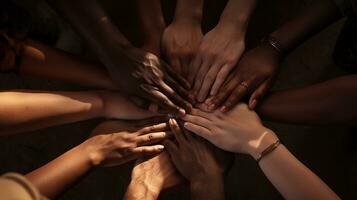 A close-up shot of hands holding onto each other in a circle, symbolizing gratitude and unity, with space for text in the center or along the edges. AI generated. photo