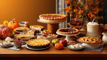 A composition featuring a variety of homemade pies and dishes on a Thanksgiving table, evoking the flavors and traditions of the holiday. AI generated. photo