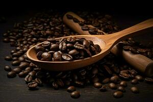 a wooden spoon with coffee beans spilling out of photo