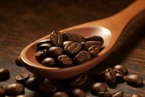 a wooden spoon with coffee beans spilling out of photo