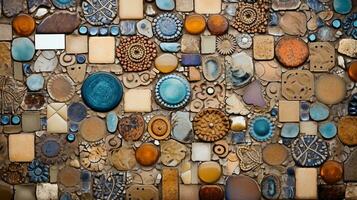 A detailed capture of a mosaic tile wall, displaying the intricate patterns and diverse textures of the tiles. AI generated. photo