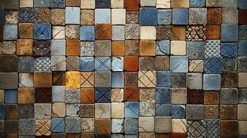 un detallado capturar de un mosaico loseta muro, mostrando el intrincado patrones y diverso texturas de el losas. ai generado. foto