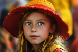 a young girl with a colorful hat and a red and yell photo