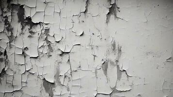 A dramatic black-and-white image of a peeling paint wall, highlighting the contrast between the smooth and textured areas. AI generated. photo