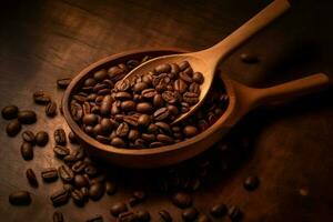 a wooden spoon with coffee beans spilling out of photo