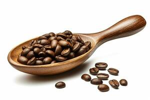 a wooden spoon with coffee beans spilling out of photo