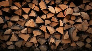 un artístico fotografía de un apilado pila de leña, destacando el diverso texturas y terroso tonos de el diferente madera tipos ai generado. foto