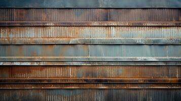 An abstract shot of a corrugated metal wall, focusing on the repeating patterns and industrial textures. AI generated. photo
