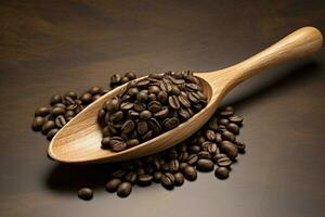 a wooden spoon with coffee beans spilling out of photo