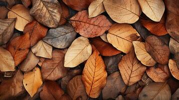 Artistic close-up of fallen leaves forming a natural pattern on the ground, providing a warm backdrop for customizable text. AI generated. photo