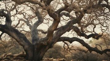 capturar el personaje de un antiguo roble árbol con sus nudoso ramas y áspero ladrar, mostrando el intrincado texturas ese ven con edad. ai generado. foto