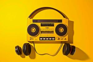 a yellow background with a cassette player and he photo