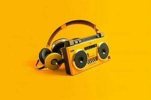 a yellow background with a cassette player and he photo