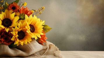 A bouquet of sunflowers and daffodils displayed against a textured burlap backdrop with large space for text. AI generated. photo