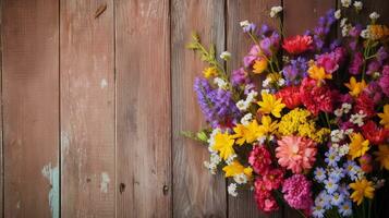 A colorful bouquet of wildflowers set against an old wooden barn door with large space for text, the rustic texture creating a charming backdrop for your text. AI generated. photo