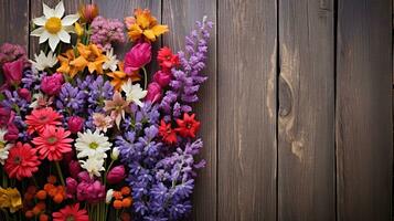 un vistoso ramo de flores de flores silvestres conjunto en contra un antiguo de madera granero puerta con grande espacio para texto, el rústico textura creando un encantador fondo para tu texto. ai generado. foto