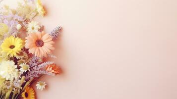 A fresh bouquet of wildflowers with a simple light brown pastel background and space for text, leaving ample space for your custom text. AI generated. photo