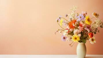 A fresh bouquet of wildflowers with a simple light brown pastel background and space for text, leaving ample space for your custom text. AI generated. photo