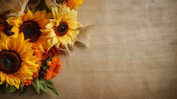 A bouquet of sunflowers and daffodils displayed against a textured burlap backdrop with large space for text. AI generated. photo