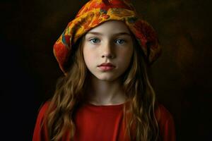 a young girl with a colorful hat and a red and ye photo