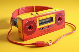un amarillo casete jugador con un rojo auricular en foto