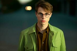 un joven hombre vistiendo lentes para hombres con un verde foto