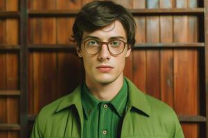 a young man wearing glasses for men with a green photo