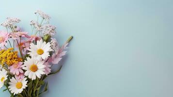 A fresh bouquet of wildflowers with a simple pastel background and space for text, leaving ample space for your custom text. AI generated. photo