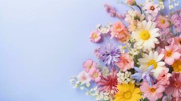 A fresh bouquet of wildflowers with a simple pastel background and space for text, leaving ample space for your custom text. AI generated. photo