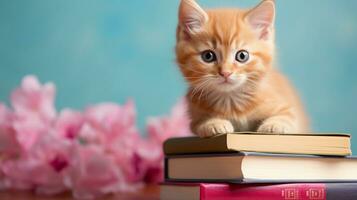 A ginger kitten with a playful expression perched atop a stack of pastel books with space for text, against a soft coral background, offering a harmonious setting for adding text. AI generated. photo