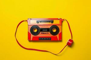 a yellow cassette player with a red headphone on photo
