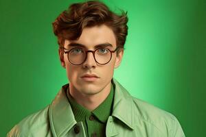 a young man wearing glasses for men with a green photo