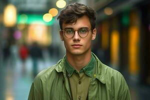 a young man wearing glasses for men with a green photo