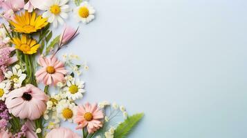 A fresh bouquet of wildflowers with a simple pastel background and space for text, leaving ample space for your custom text. AI generated. photo