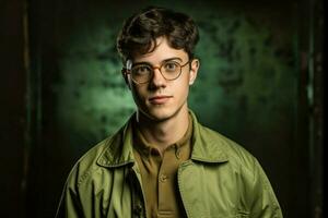 a young man wearing glasses for men with a green photo