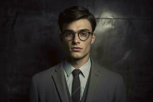 a young man wearing glasses with a grey suit and photo