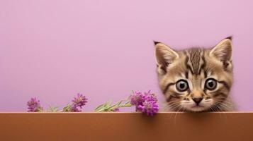 Top view of an inquisitive tabby kitten with space for text, against a soft brown background, perfect for adding text. AI generated. photo