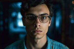 a young man with glasses on and a blue shirt that photo