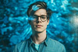 a young man with glasses on and a blue shirt that photo