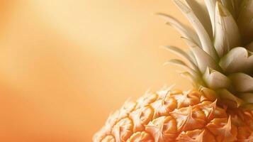 A close-up of the textured skin of a ripe pineapple on a pale peach backdrop, allowing the fruit's details to stand out and providing space for your custom text. AI generated. photo