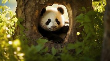 A heartwarming capture of a baby panda cub nestled in a cozy hollow of a tree, with dappled sunlight filtering through the foliage, creating a serene atmosphere for text placement. AI generated. photo