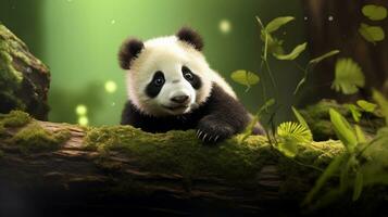 A captivating composition of a curious baby panda exploring a textured log, surrounded by vibrant green leaves, against a blurred forest backdrop. AI generated. photo