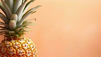 A close-up of the textured skin of a ripe pineapple on a pale peach backdrop, allowing the fruit's details to stand out and providing space for your custom text. AI generated. photo