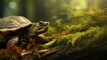 un curioso Tortuga explorador un pila de caído sucursales, conjunto en contra un texturizado bosque piso, con moteado luz de sol filtración mediante el arboles ai generado. foto