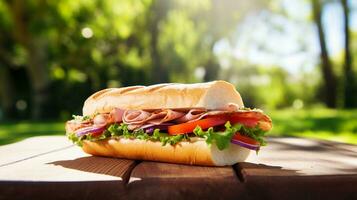 A classic sub sandwich with assorted deli meats and fresh vegetables, placed on a wooden picnic table, with a blurred park scene in the background. AI generated. photo